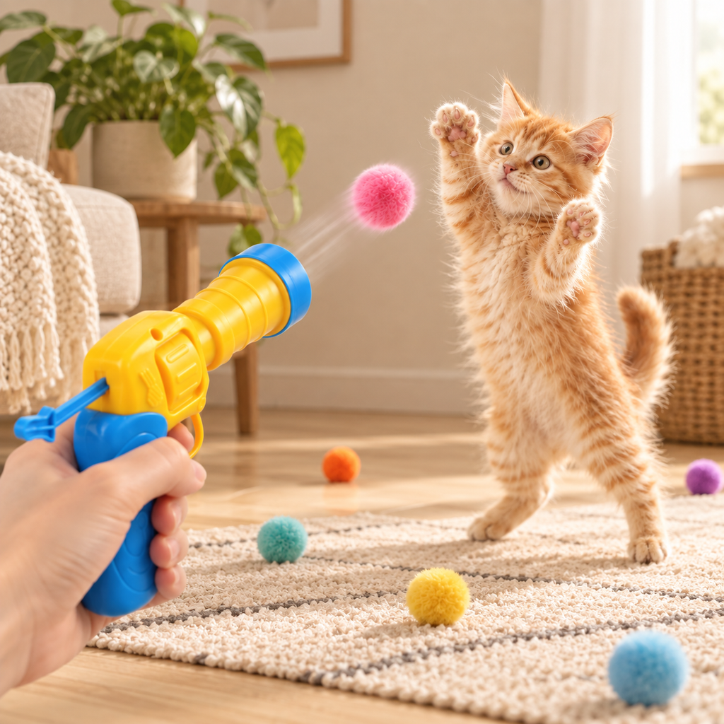 Jouet lance-pompons pour stimuler l'instinct de chasse du chat