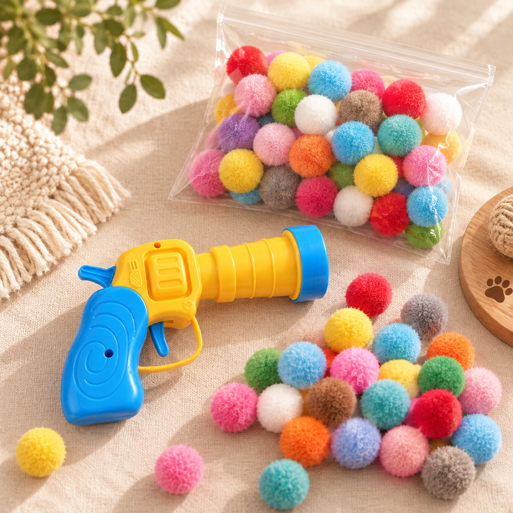 Jouet lance-pompons pour chat - présentation du kit