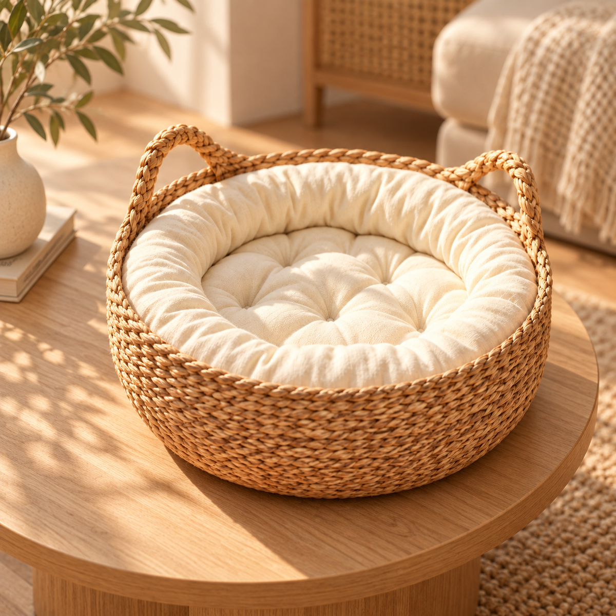 Panier en fibres tressées avec coussin doux pour chat