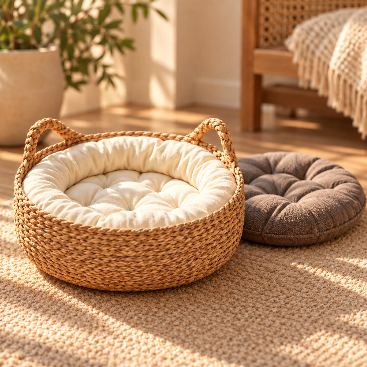 Panier tressé pour chat dans un intérieur chaleureux