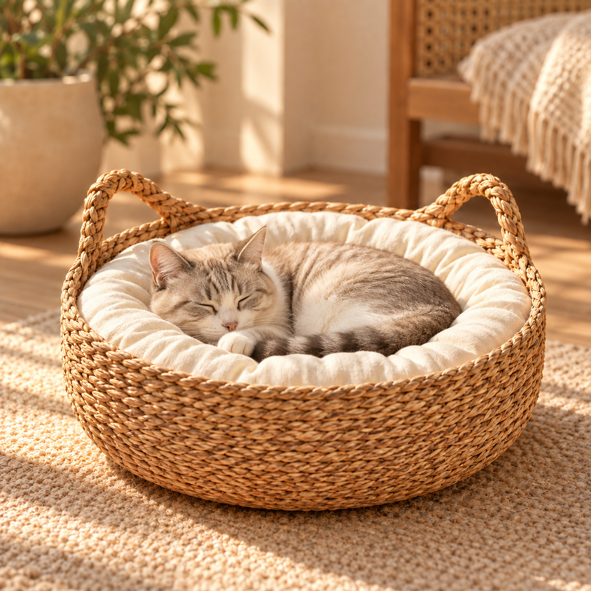 Panier tressé avec coussin pour chat MIAOU COSY