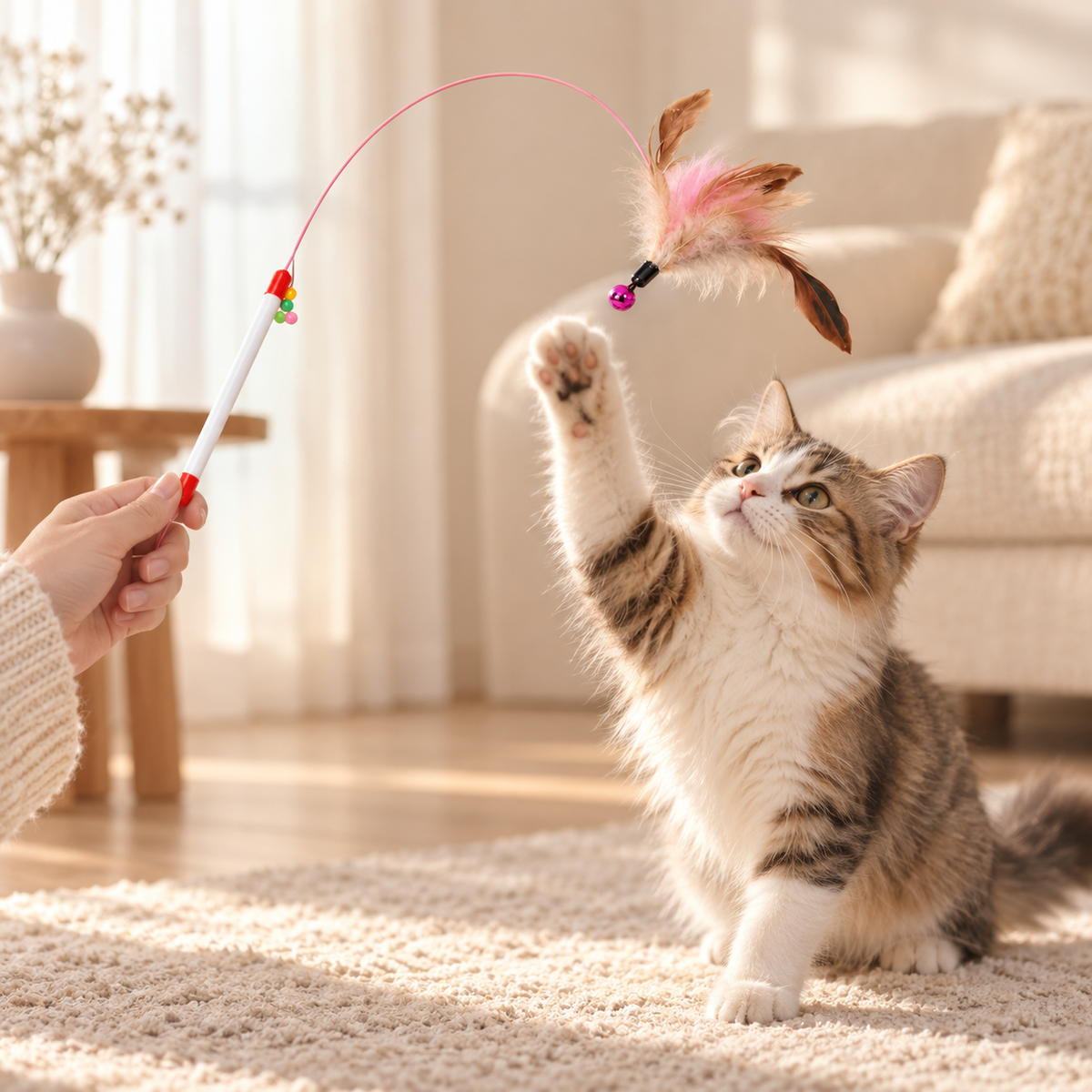 Jouet interactif à plume pour chat en situation de jeu